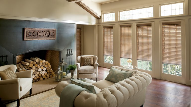 Austin fireplace with blinds
